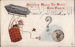 Man floating away from earth - "Absence makes the heart grow fonder, don't you think so?" Postcard