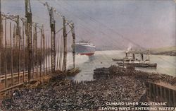 Cunard Line "Aquitania" Leaving Ways - Entering Water Postcard