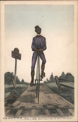 Man Riding High Wheel Bicycle Black Americana Postcard Postcard Postcard