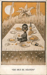 Black boy seated at a picnic: "Dis mus be heaven!" Postcard