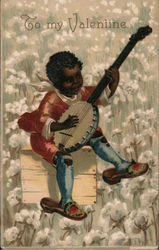 Boy playing banjo in a cotton field Postcard