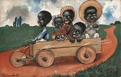 Family Riding in a Wooden Go-Cart Black Americana Postcard Postcard Postcard