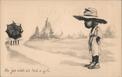 Black boy watching girls wistfully - "Ah jes wish ah had a girl" Postcard