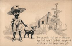 Boy and Puppy in front of House Black Americana Postcard Postcard Postcard