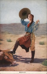 Cowgirl Lassos Bull While Tipping Hat Cowboy Western Postcard Postcard Postcard