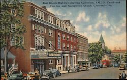 East Lincoln Highway, Showing Auditorium, Y.M.C.A., Coach and Four Inn and Presbyterian Church Postcard