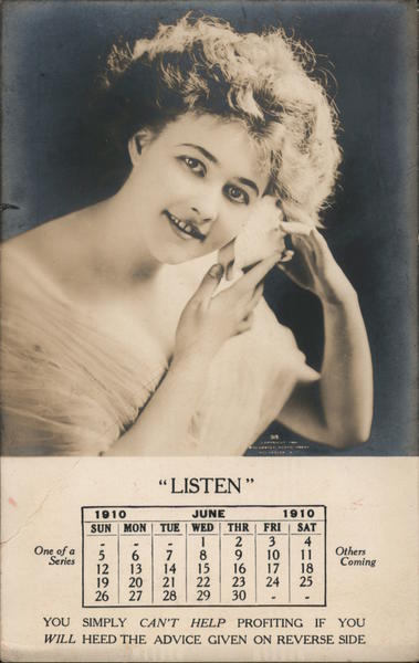 June 1910 Calendar, Woman Listening to Seashell, Evans-Snider-Buel Co.
