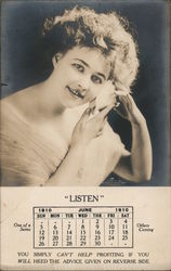 June 1910 Calendar, Woman Listening to Seashell, Evans-Snider-Buel Co. Postcard