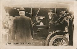 Smiling man seated in automobile: "The Sunday Smile" Billy Sunday Postcard Postcard Postcard