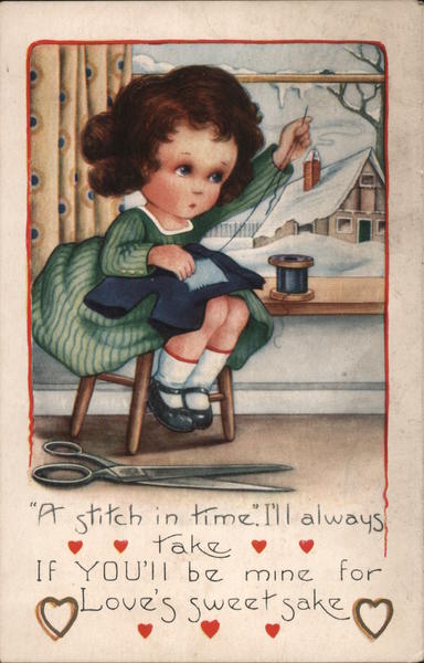 Girl Sewing by Window Children