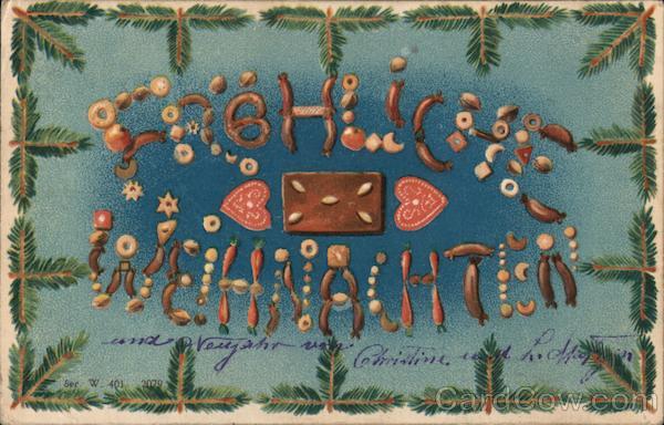 Frehliche Weihnachten Spelled With Food Christmas
