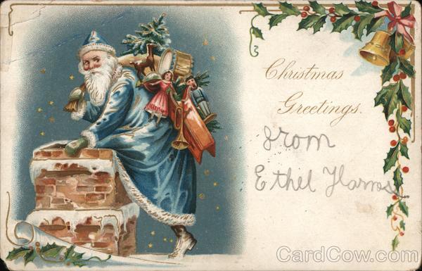 Christmas Greetings, Santa in Blue Robe Santa Claus