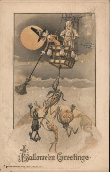 Rare Hallowe'en Greetings Witch Ghost Hot Air Balloon Vegetables