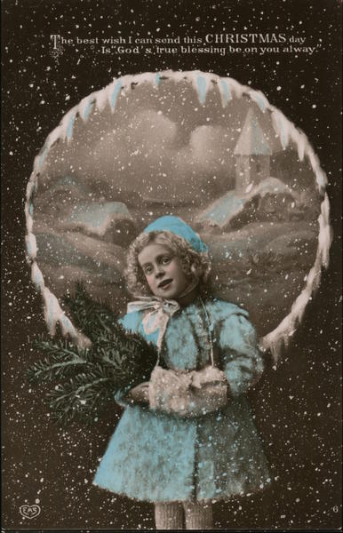 Little Girl With Pine Bough Stands Before Snowy Scene