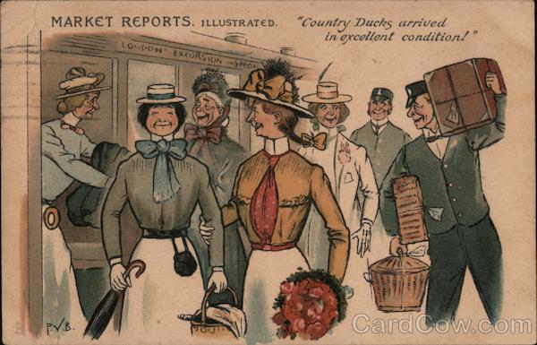 Happy women exiting a train: Country ducks arrived in excellent condition!