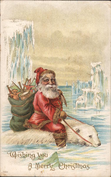 Santa riding a polar bear among icebergs Santa Claus
