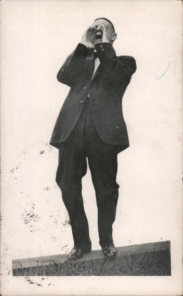 Billy Sunday Yelling With Hands on Mouth