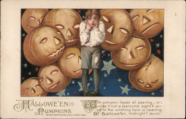 Halloween Pumpkins - A Boy Standing Scared by a Bunch of Jack O'Lanterns