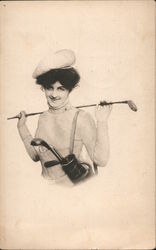 A Woman with Golf Clubs Postcard