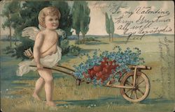 Cupid Pushing a Wheel Barrow Full of Flowers Postcard