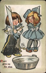 Don't Give up the Ship - A Boy and A Girl with a Small Sailboat Postcard