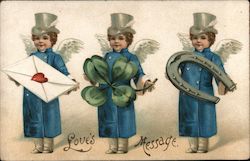 Three cupids holding a letter, shamrock and horseshoe: "Love's Message" Postcard