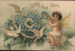 With Fond Love - An Angel Holding a Key and Lock Made of Flowers Postcard