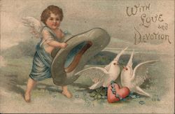 Winged Cupid Capturing Two Doves Postcard Postcard Postcard