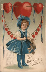 To The One I Love - A Young Girl Holding Hearts Postcard
