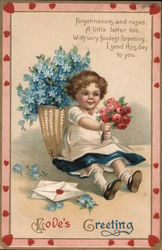 Girl Holding Bouquet of Flowers: Love's Greeting Postcard