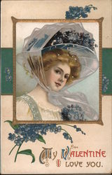 A Woman Wearing a Hat with Flowers Postcard