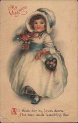 Little Girl In Fancy Dress Holds Bouquet And Heart-Shaped Purse Postcard