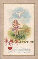To My Valentine - Cupid with a White Dove Carrying a Letter Postcard