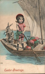 Easter Greetings - A Boy Rowing a Boat with Bunnies Postcard