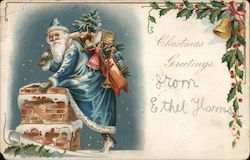 Christmas Greetings, Santa in Blue Robe Postcard