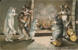 5 Cats by the Fire Postcard Postcard Postcard