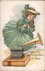 A Woman Next to a Victrola Postcard