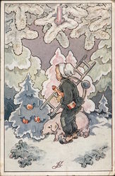 Czech Boy Carrying a Ladder Through the Snow Postcard