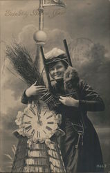 Chimney Sweep Woman Posing by Clock: Gelukkig Nunn Juur Postcard