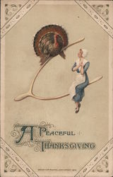 A Peaceful Thanksgiving - Pilgrim Woman and Turkey on wishbone Postcard