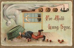 For Auld Lang Syne: Man Tipping Over Water Barrel of Apples Postcard