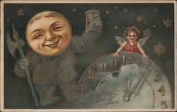 Father Time as Moon: Happy New Year New Year's Postcard