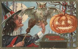 A Witch, Owl and Jack O'Lantern Postcard