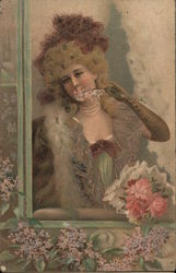 Woman Gazing Out Window Postcard