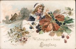 Wishing you a Happy Christmas - A Young Girl with a Bird Postcard