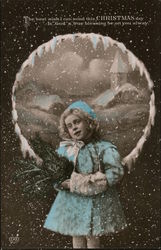 Little Girl With Pine Bough Stands Before Snowy Scene Postcard