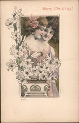 Merry Christmas - Two Women with Flowers Postcard