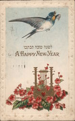 A Happy New Year - A Bluebird and Red Flowers Postcard