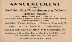 Smith Bros. "Fish Shanty" Restaurant of California Postcard