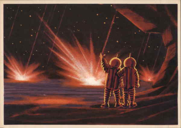 Soviet Future Space Drawing Of Astronauts In Outer Space Space Rockets Postcard